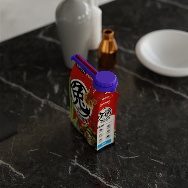 May include: A red and white carton with a purple cap. The carton features Japanese text and graphics. The carton is on a dark marble surface, with white vases and a small gold bottle in the background.