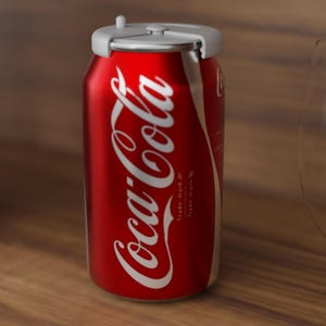 May include: A red Coca-Cola can with a white logo and a white lid. The can is on a wooden surface. The Coca-Cola logo is in white script. The can is a standard size.