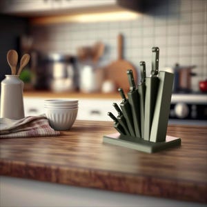 以下が含まれることがあります： 木製のカウンタートップに置かれた、濃い緑色のナイフブロックに入った一連のキッチンナイフ。ナイフは黒色で、刃は銀色です。白いセラミックボウルと木のスプーンが入った瓶もカウンターにあります。