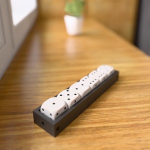 May include: A row of white dice with black pips, presented in a dark grey rectangular tray. The dice are set on a wooden surface, with a small potted plant visible in the background. A classic game accessory.