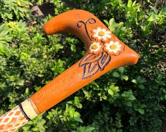 Handmade Rose Wood Walking Stick: Chamomile Flower Carving, Leather Sheath