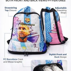 Könnte beinhalten: Sport-Rucksack mit Kordelzug mit Vorder- und Rückansicht. Merkmale sind ein Kordelzug-Verschluss oben und verstellbare Träger. Das Frontdesign zeigt das FC Barcelona-Wappen und eine Messi-Grafik. Der Rucksack hat ein stilvolles Design.