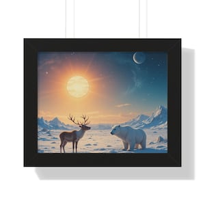 Polar bear with reindeer Beautiful frame Horizontal Poster elegant wall design polar bear and sunset