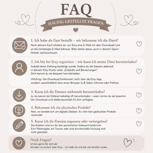 May include: A beige informational graphic titled FAQ with the subtitle H&Auml;UFIG GESTELLTE FRAGEN. It features five numbered sections with icons representing email, user account, download, digital monitor, and pencil, plus a final section for questions.