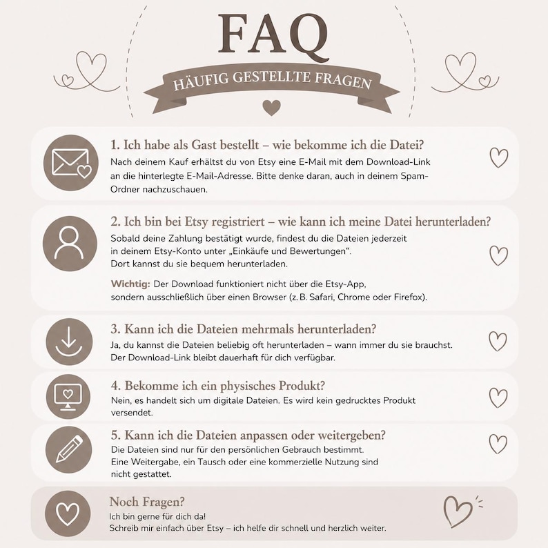 May include: A beige informational graphic titled FAQ with the subtitle H&Auml;UFIG GESTELLTE FRAGEN. It features five numbered sections with icons representing email, user account, download, digital monitor, and pencil, plus a final section for questions.