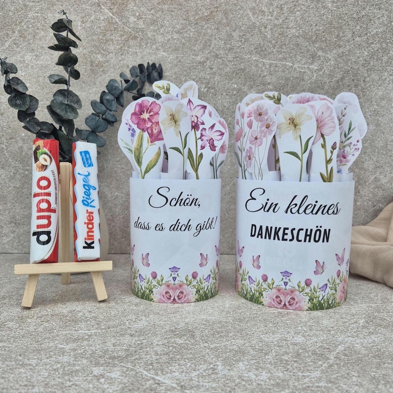 Duplo & Kinderriegel Blumenstrauß Kleinigkeit Mitbringsel Kleines Dankeschön Happy Birthday Schön, dass es dich gibt! Duplo Banderolen