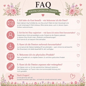 May include: A light pink FAQ information sheet featuring floral illustrations at the top and bottom. The text includes five numbered questions and answers in German regarding digital file downloads, account access, and usage policies for Etsy.