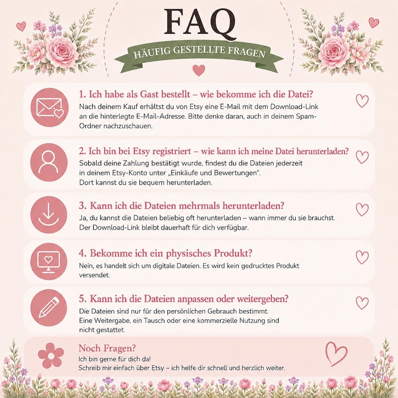 May include: A light pink FAQ information sheet featuring floral illustrations at the top and bottom. The text includes five numbered questions and answers in German regarding digital file downloads, account access, and usage policies for Etsy.