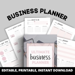 Könnte beinhalten: Eine Sammlung druckbarer Businessplaner-Seiten in einem hellrosa und weißen Design. Die Seiten enthalten Abschnitte für die tägliche, wöchentliche und zukünftige Planung, mit den Worten "Business Planner" oben. Der Satz "Ultimate Business Planner" ist ebenfalls sichtbar.