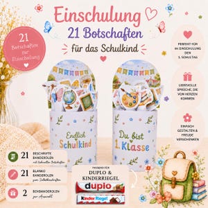 Peut inclure: Deux contenants cylindriques ornés de motifs floraux et d'illustrations sur le thème de l'école. Le texte indique Einschulung 21 Botschaften für das Schulkind, Endlich Schulkind et Du bist 1. Klasse. Inclut des étiquettes pour 21 bandes pré-écrites.