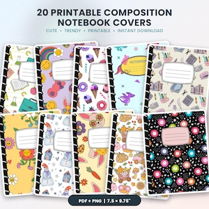 Puede incluir: Una colección de 20 portadas de cuadernos imprimibles con diversos patrones que incluyen flores, comida, animales y papelería. Cada portada tiene una etiqueta blanca para escribir. El texto dice 20 PRINTABLE COMPOSITION NOTEBOOK COVERS.
