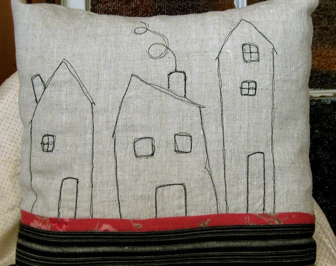 Handmade Linen Pillow Cover With Stitched House Pattern Etsy