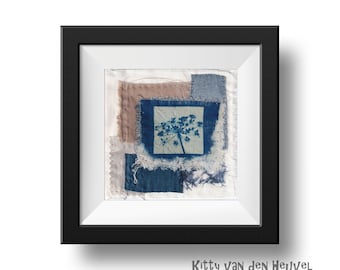 Cyanotype textile art collage Seedhead - 15x15cms 6"x6"