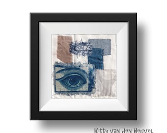 Cyanotype textile art collage Eye - 15x15cms 6"x6"