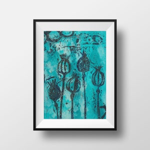 Abstract monoprint with poppy seedheads 5&quot; x 7&quot; unique original