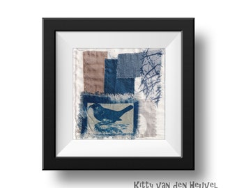 Cyanotype textile art collage Bird - 15x15cms 6"x6"