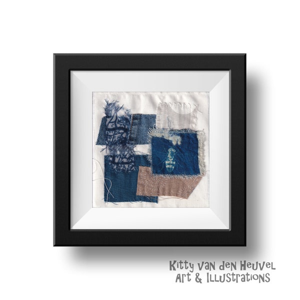 Cyanotype textile art collage Bee - 15x15cms 6"x6"