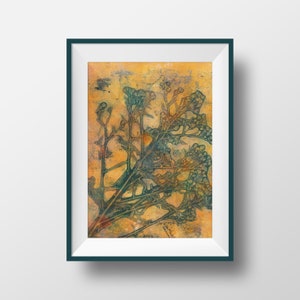 Abstract monoprint with wildflower seedheads 7" x 9" unique original