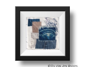 Cyanotype textile art collage Eye - 15x15cms 6"x6"