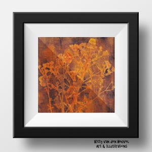 Abstract monoprint with wildflower seedheads 7 1/2" x 7 1/2" unique original