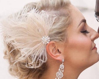 Ivory Feather Bridal Fascinator, Rhinestone Jewel Hairpiece