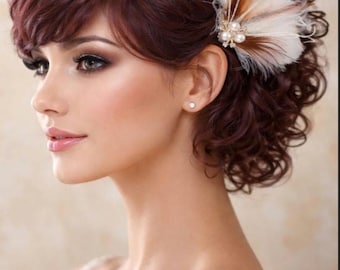 Mocha and Ivory Feather Bridal Comb: Vintage Style Wedding Hair Fascinator