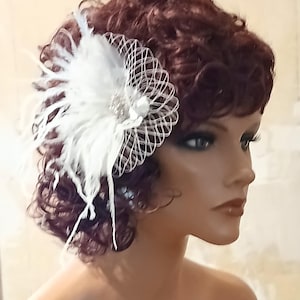 Ivory or White Wedding Hair Accessory, Bridal Fascinator, Headpiece, Flapper Headpiece, Wedding Hairpiece, Feather French Net, Rhinestones