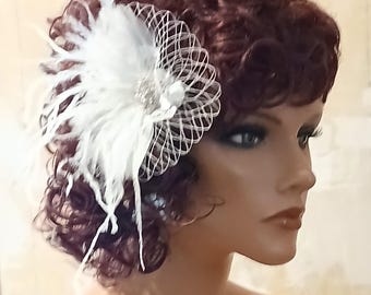 Ivory or White Wedding Hair Accessory, Bridal Fascinator, Headpiece, Flapper Headpiece, Wedding Hairpiece, Feather French Net, Rhinestones