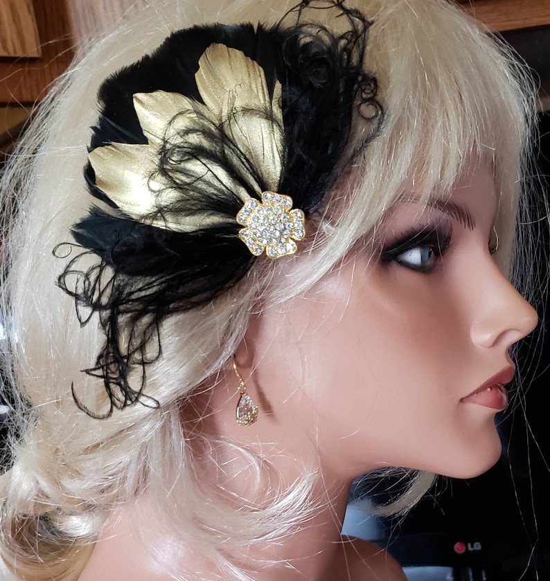 Black Gold Feather Wedding Fascinator Feather Hair Clip Etsy