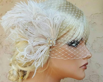 Ivory Feather Bridal Fascinator, Rhinestone Jewel, Bandeau Veil (2 pc)