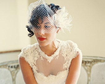Wedding Headpiece and Veil, Bridal Fascinator, French Net Bridal Veil, Wedding Fascinator, Feather Fascinator, Ivory Wedding Comb Clip