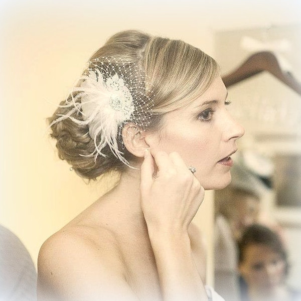 Braut Haarkamm mit Feder, Vintage Spitze, Great Gatsby Stil