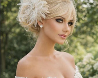 Feather Fascinator Bridal Headpiece with Birdcage Veil - Wedding Hair Accessory