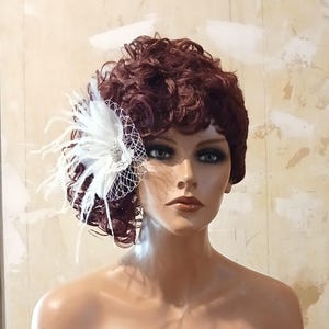 Ivory or White Wedding Hair Accessory, Bridal Fascinator, Headpiece, Flapper Headpiece, Wedding Hairpiece, Feather French Net, Rhinestones