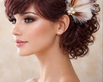 Ivory and Mocha Feather Bridal Comb: Vintage Style Wedding Hair Fascinator