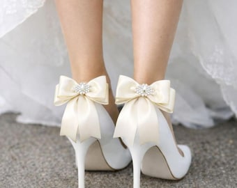 Clips para zapatos con lazo de satén, accesorio nupcial con diamantes de imitación