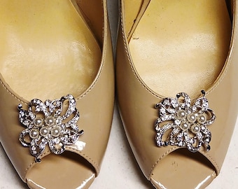 Rhinestone Pearl Shoe Clips: Silver Bridal Wedding Shoe Jewelry