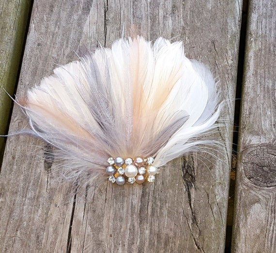 Peach And Gray Feather Hair Clip Wedding Hair Accessories Etsy