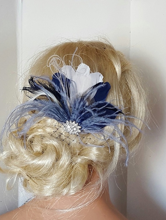 Navy Blue Hair Fascinator Feather Accessories Great Gatsby Etsy