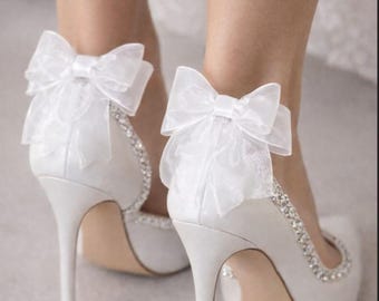 White Wedding Heels with Bows and Rhinestones, Bridal Shoes