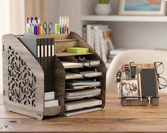Extra Large Wooden Office Desk Organizer – Multifunctional Storage with Pen Holder, Files & Custom Nameplate