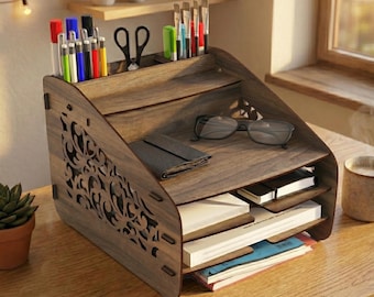 Wooden Office Desk Organizer – Multifunctional Medium Size Storage with Pen Holder, Files & Custom Nameplate
