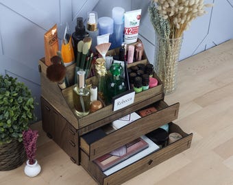 Grand organiseur de maquillage en bois avec tiroirs