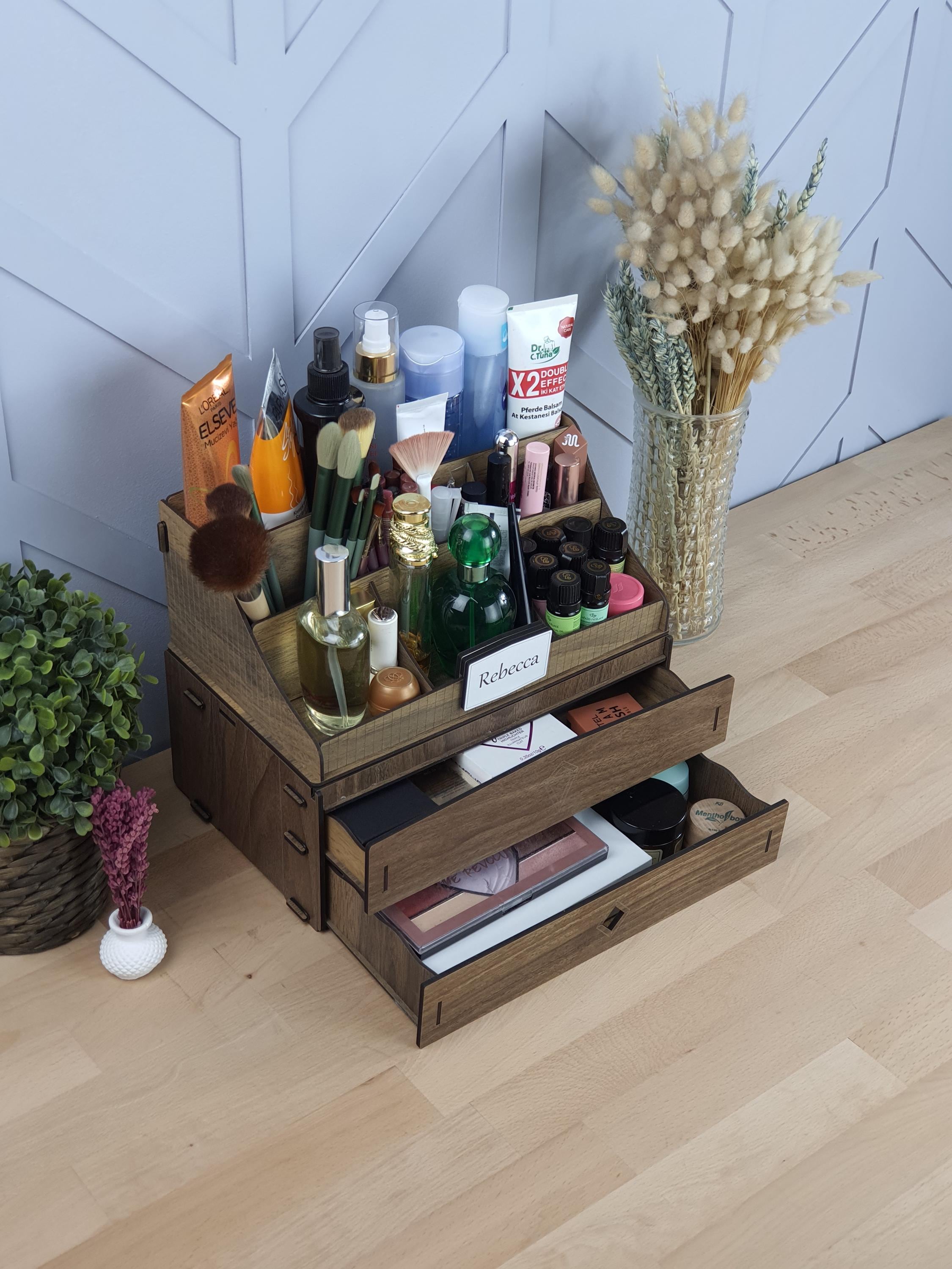 Make-up Organisator Houten Make-up Organizer Box, Lipsticks Holder Rack, met lade en tafelblad for het opbergen van paletten, borstels, huidverzorging en meer, cosmetische opbergdoos for slaapkamer en