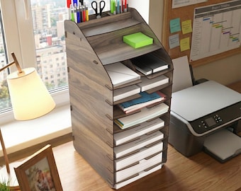 Tower Wooden Desk Organizer – Extra Tall 9 Tier File Storage with Pen Holder