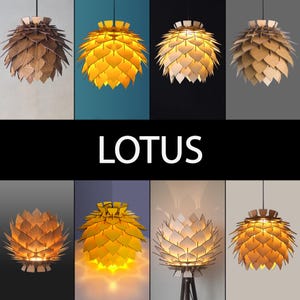 May include: A collection of pendant lights with a lotus flower design. The lamps are made of wood and have a layered petal design. The lights are in various colors, including brown, yellow, and white. The word "LOTUS" is displayed in white text.
