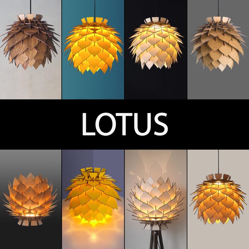 May include: A collection of pendant lights with a lotus flower design. The lamps are made of wood and have a layered petal design. The lights are in various colors, including brown, yellow, and white. The word "LOTUS" is displayed in white text.
