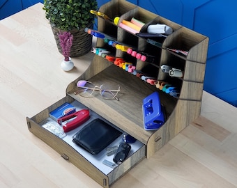 Woodnest Large Wooden Desk Organizer & Pen Holder  with Drawer – Fits Letter A4 Size Papers