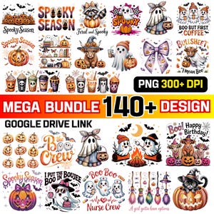 以下が含まれることがあります： ハロウィーンをテーマにしたデジタルデザインのコレクション。デザインには、カボチャ、幽霊、コウモリ、および「Spooky Season」、「Feral and Spooky」、「Boo But First Coffee」などのテキストが含まれています。画像には「MEGA BUNDLE 140+ DESIGN」と「PNG 300+ DPI」のテキストも含まれています。