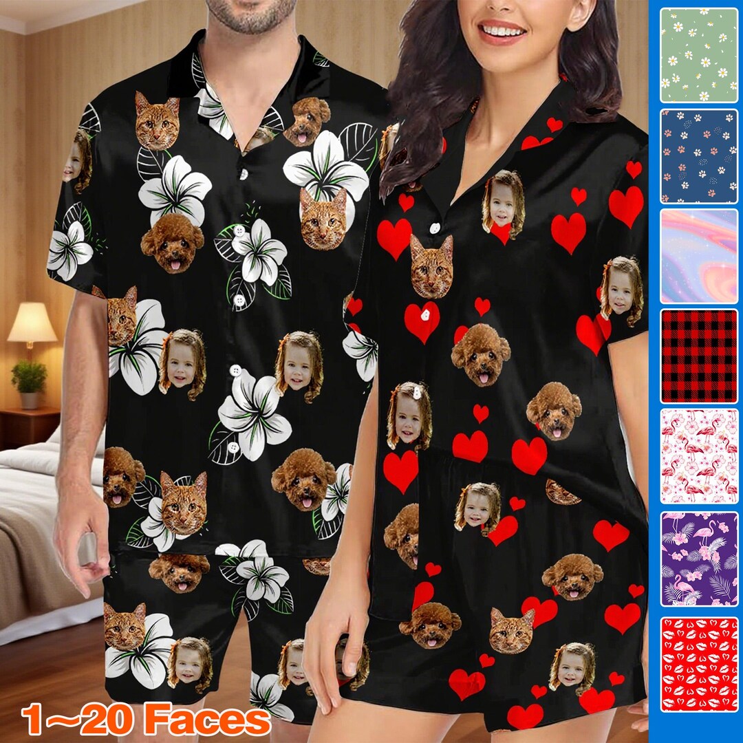 Personalized Photo Pajamas Set: Custom Face Sleepwear, Button-down Pjs ...